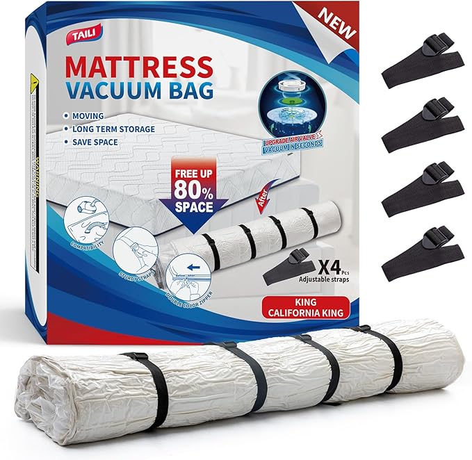 TAILI Mattress Vacuum Bag, King/Califonia King Mattress Vacuum Storage Bag with 4 Straps, Sealable Bag for Memory Foam, Latex