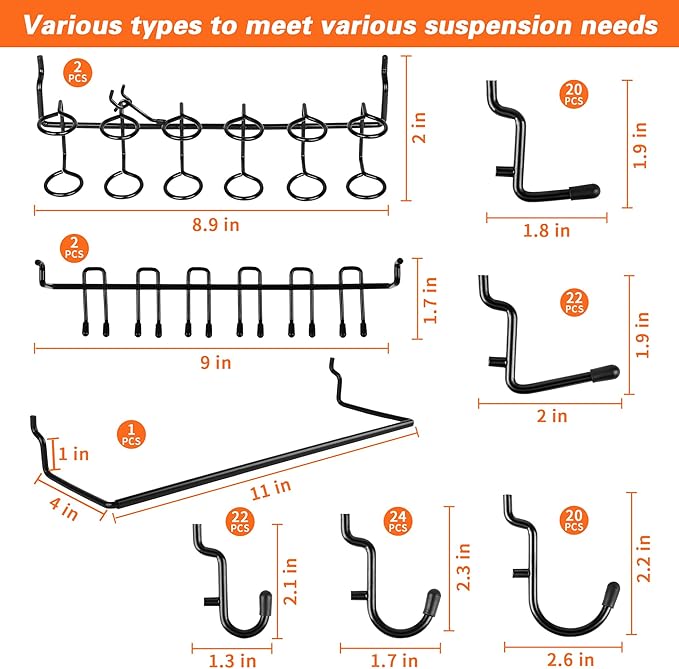 296 PCS Extra Thick 0.2'' Pegboard Hooks for 1/4" Peg Board Hanging Tools, Heavy Duty Metal Black Pegboard Accessories with P