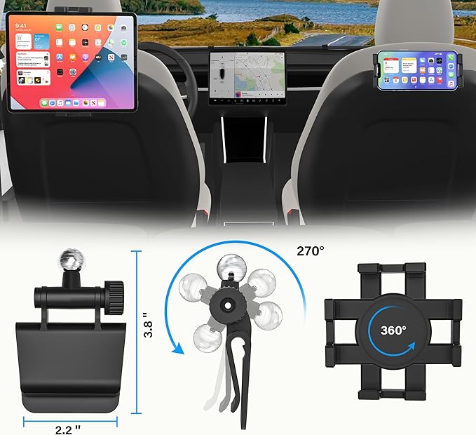 Tesla Tablet Mount Back Seat, Tesla Model Y Model 3 Headrest Tablet Holder for Kids [Metal Ball Head & 360° Rotation] for iPad Pro 12.9 Air Mini, Galaxy Tab, Fire, Switch, iPhone, 4-13"