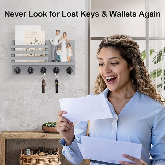Lwenki Key Holder for Wall – Decorative Wooden Mail Holder and Key Shelf with Mounting Hardware, Installation Guide – Paulown