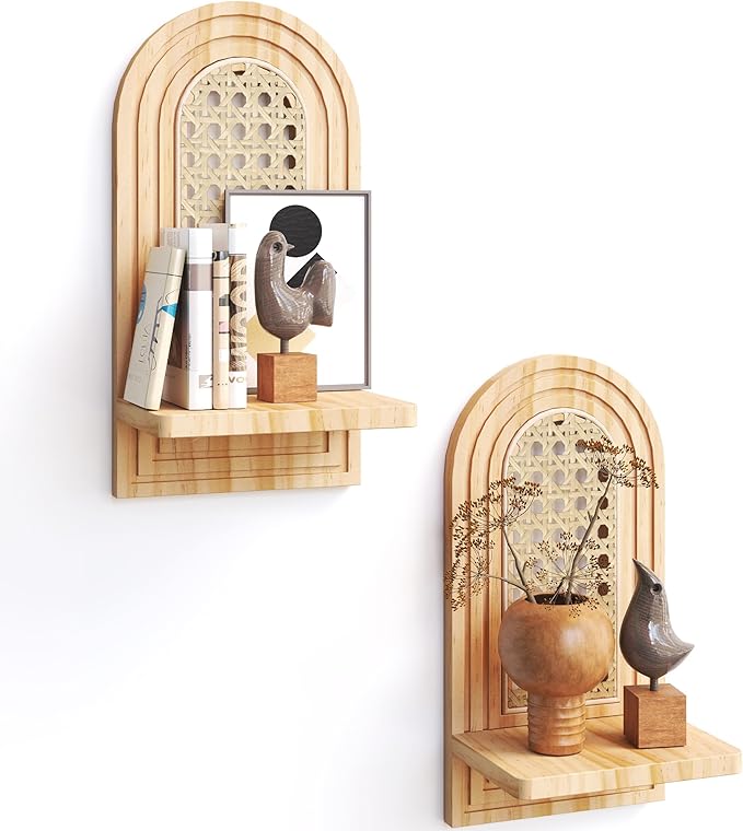 Rattan Wall Shelf Set of 2, 7'' Natural Floating Shelves Boho Decor, Rustic Wood Arched Rattan Wall Mounted Storage Shelves f