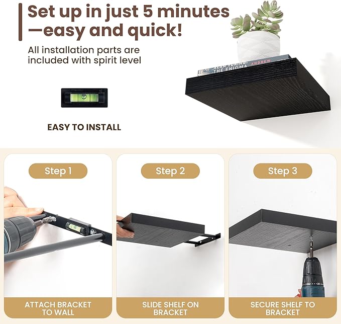 Fun Memories Floating Shelves for Wall - 9.3 Inch Square Shelves with Invisible Brackets, Black Small Wall Shelf for Living R