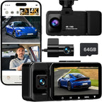 4K Dash Cam Front and Rear Inside, 3-Channel Cars Camera Dash with 170° Wide Angle, Free 64GB SD Card, 5.8GHz WiFi, Night Vis