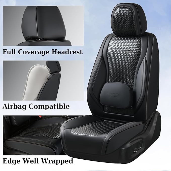Coverado Seat Covers, Car Seat Covers Front Seats, Waterproof Nappa Leather Auto Seat Cover with Lumbar Head Pillow, Black Se