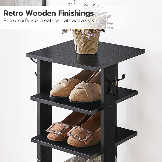 HOOBRO 8 Tiers Vertical Shoe Rack, Wooden Shoe Storage Organizer with Hooks, Narrow Shoe Tower for 8 Pairs, Space Saving, for
