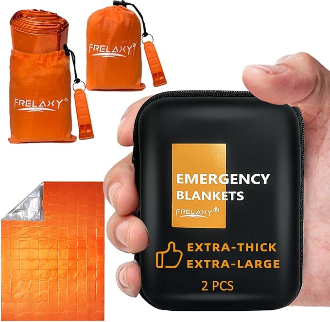 Frelaxy Emergency Blanket 2-Pack, Extra-Thick Extra-Large Space Blankets with Whistles, Storage Pouchs, and EVA case