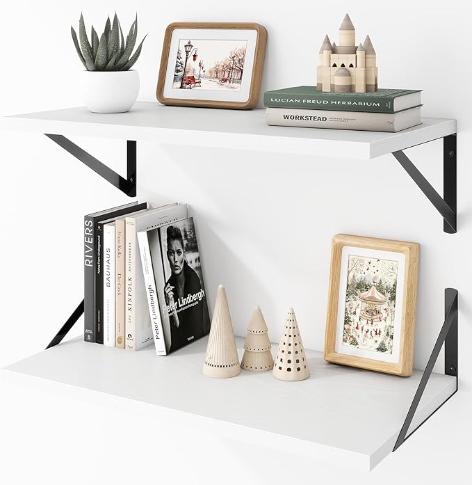 Deep Floating Shelves Wall Mounted, 24"x12" White Wall Shelves with Brackets Set of 2 for Bedroom, Living Room, Bathroom, Kit