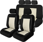 Universal Fit Diamond Stitched Flat Cloth Car Seat Covers Full Set - Beige
