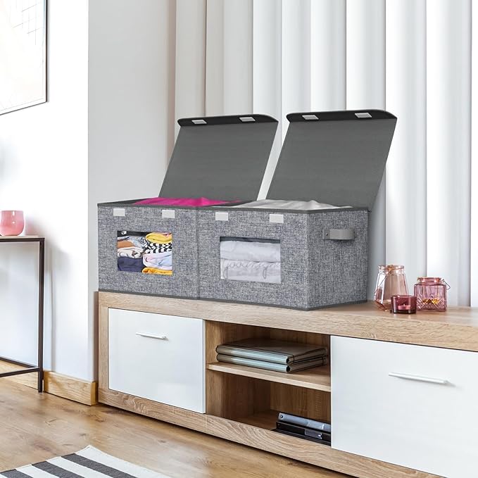 Univivi Fabric Foldable Storage Boxes [4-Pack] Large Collapsible Stackable Storage Bins with Lids, Closet Organizers and Stor