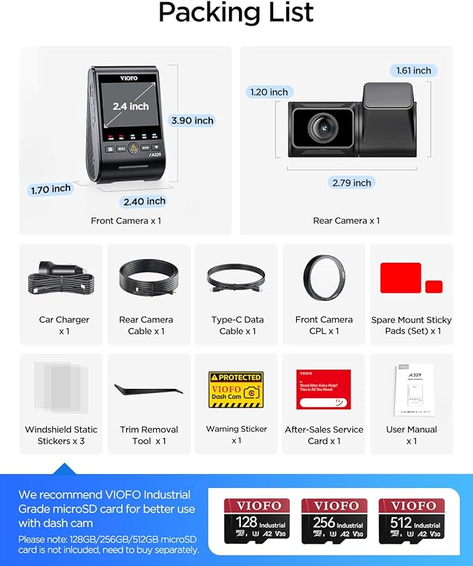 VIOFO A329S 4K 60FPS Dash Cam Front and Rear, 4K+2K Dual Dash Camera for Cars, Power Saving Parking Mode, Wi-Fi 6 App Control