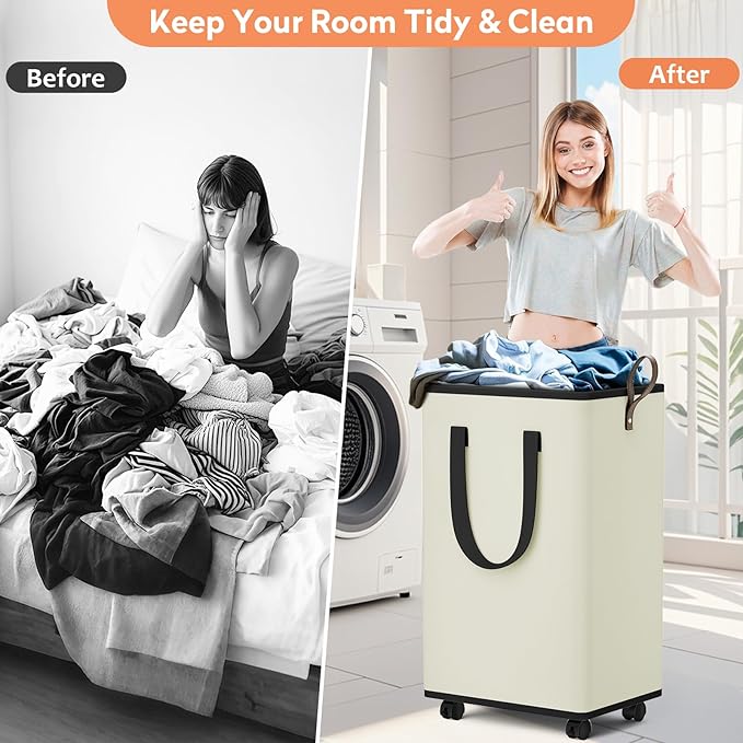 SpaceTrove Laundry Basket with Wheels, Collapsible Laundry Baskets, Laundry Hamper with Handles Detachable Wheels, Rolling La