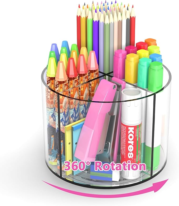 Wawocs Small Pencil Organizer for Desk Acrylic 4 Compartments, Tiny Rotating Art Supply Organizer Kids, Spinning Round Marker