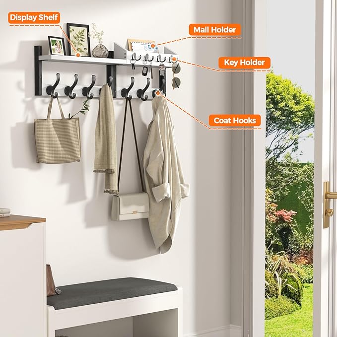 Evermagin 29" Coat Rack Wall Mount with Shelf, 4 in 1 Coat and Key Hanger with 11 Metal Hooks, Entryway Wall Mounted Shelf wi