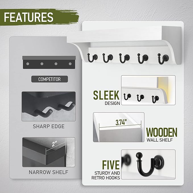 Rebee Vision Key and Mail Holder for Wall with Floating Shelf : Decorative Hanging Organizer with 5 Sturdy Keys Hooks and Wal