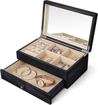 Meangood Jewelry Box Organizer for Women, 2 Layer Large Jewelry Storage Case, Rustic Wooden Jewelry Box with Mirror & Ring Tr