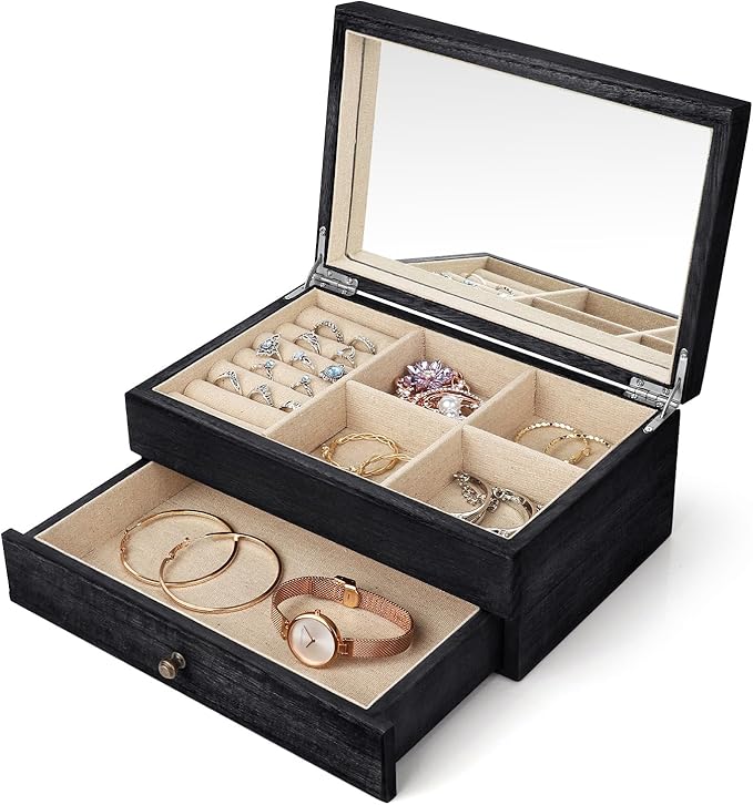 Meangood Jewelry Box Organizer for Women, 2 Layer Large Jewelry Storage Case, Rustic Wooden Jewelry Box with Mirror & Ring Tr