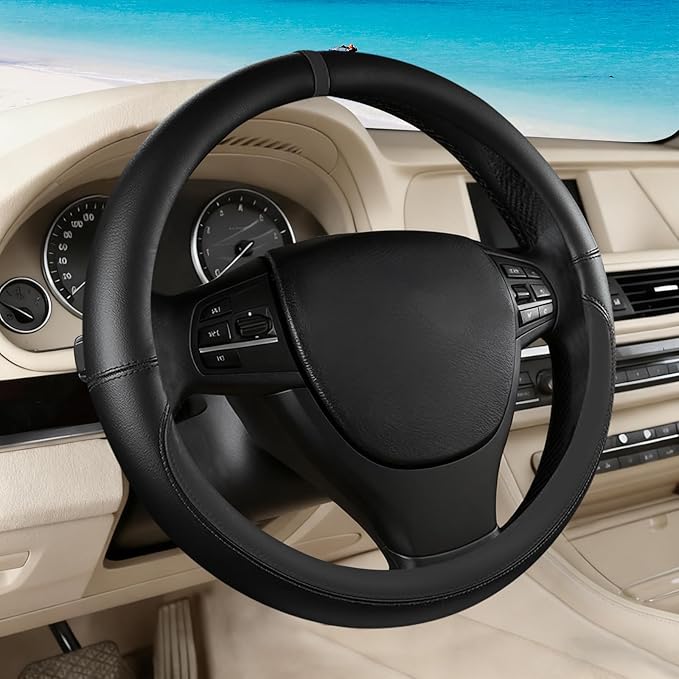 All Black Car Steering Wheel Cover, Nappa Leather, Bottom Color Blocking, Universal 14.5-15 Inch Leather Anti-Slip Breathable