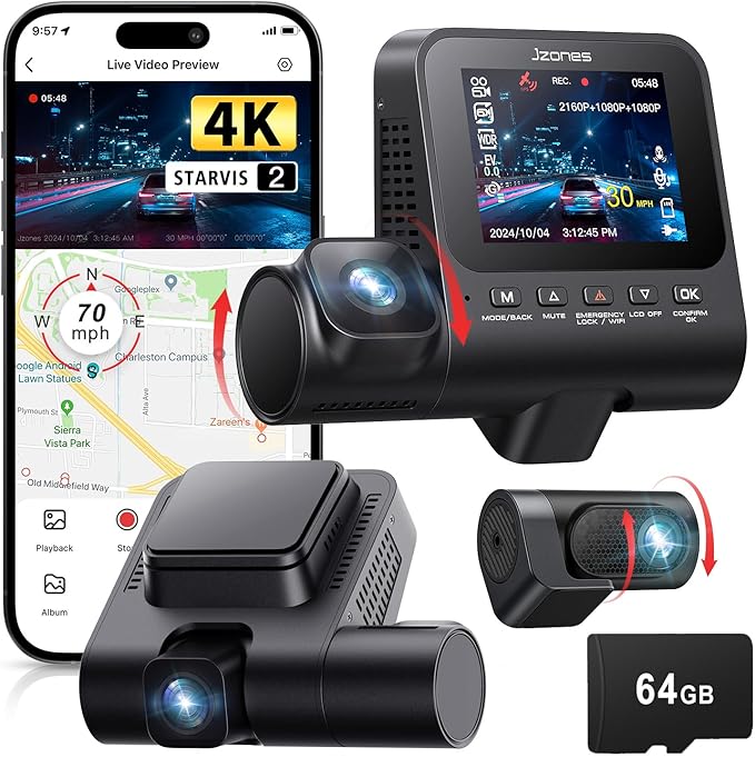 4K 3-Channel Dash Cam Front and Rear with Cabin, STARVIS 2 Sensor, Dash Camera for Cars with WiFi 6, G-Sensor, Loop Recording