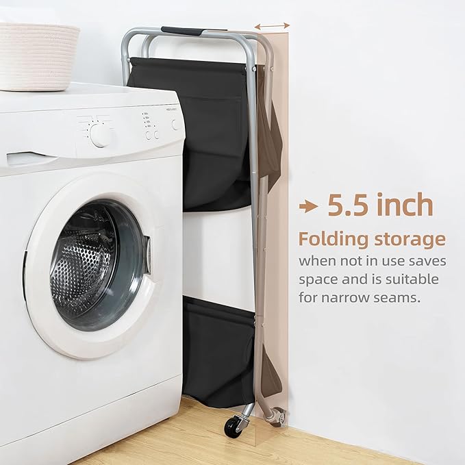 STORAGE MANIAC Collapsible Laundry Cart with Wheels 31.5"H Rolling Laundry Hamper Clothes Basket with Wheels, Canvas Liner St