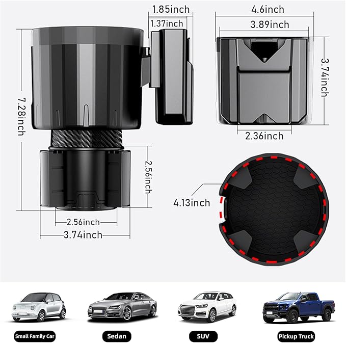 Car Cup Holder Expander Adapter, Adjustable 3 in 1 Cup Holder Expander with Phone Holder & Card Organizer, Fits Less Than 4.1