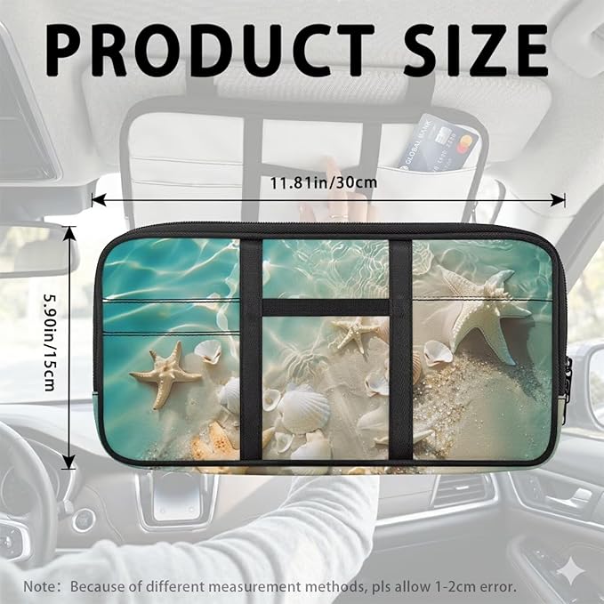 Beach Starfish Car Sun Visor Organizer for Women Men Multi-Pocket Storage Pouch with Zipper, Scratch-Resistant Auto Visor Holder for SUV, Truck Car Interior Storage Accessories