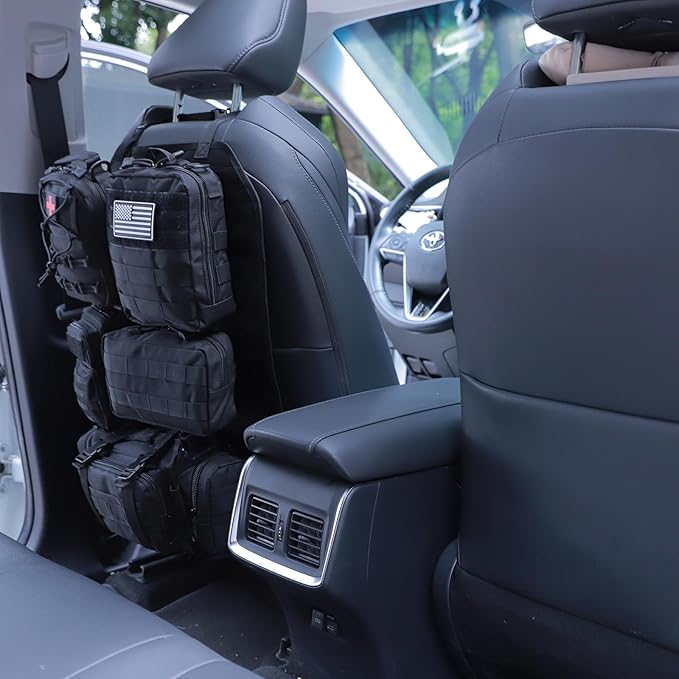 Universal Tactical Car Seat Back Organizer Bag Tactical Molle Vehicle Organizers Panel Vehicle Protector Organizers with 5 Detachable Pouches for Car Truck Ford Jeep (Model A-Black)