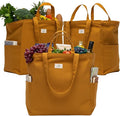 Nook Theory 3-Pack Reusable Grocery Bags - Heavy Duty, Large 12 Oz Cotton Canvas Reusable Shopping Bags With Pockets, 100% Cotton Cloth Grocery Totes, Foldable Multi Compartment (Caramel)