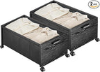 Under Bed Storage with Wheels, Wooden Under Bed Drawers On Wheels, Rolling Under Bed Shoe Storage, Space Saving, Black,70L