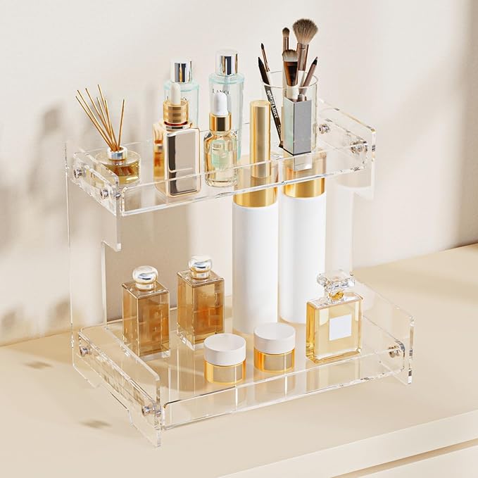 Bathroom Counter Organizer Countertop 2 Tier Storage Acrylic Corner Makeup Organizer for Perfume Stand, Vanity Holder, Dresse