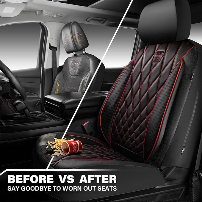 CAR PASS Piping Luxury PU Leather Two Front Car Seat Covers, Waterproof Anti Slip Seat Covers Compatible with Front Seat Armr