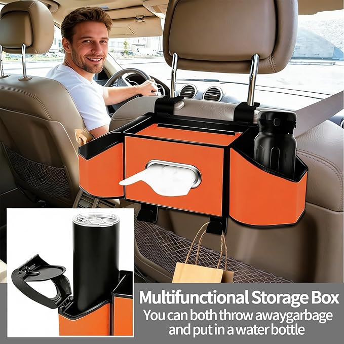 7-in-1 Car Seat Back Organizer, Headrest Storage with Cup Holder, Tissue Box & Trash Can, Fits Most Cars SUVs Trucks - Designed for USA Roads (Orange)