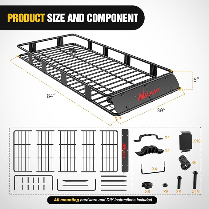 Nilight 84" x 39" x 6" Universal Roof Rack Cargo Basket Heavy-Duty 250LBS Capacity Rooftop Cargo Carrier with Cargo Net Ratchet Straps Luggage Holder for SUV Truck Vehicle