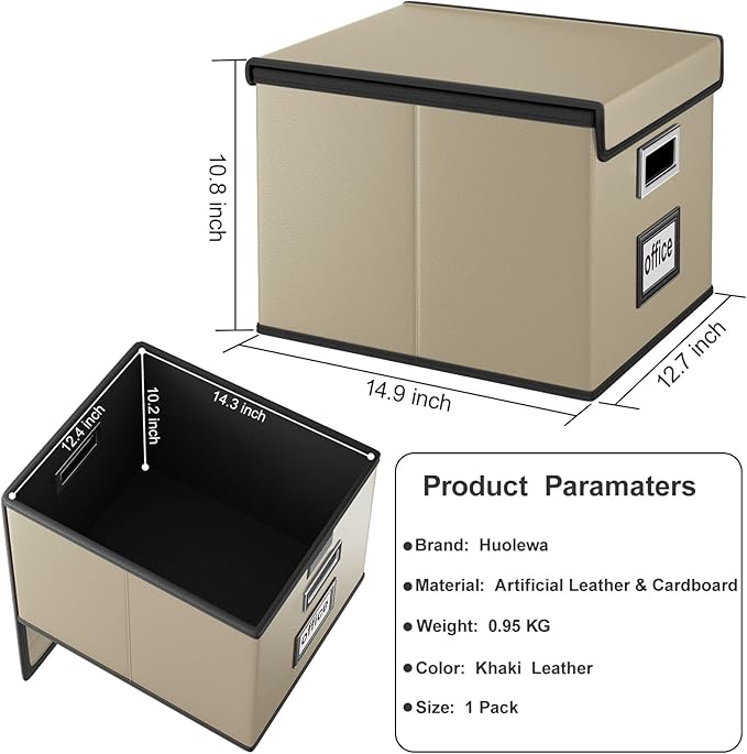 Huolewa Faux Leather File Organizer Box with Lid, Collapsible Hanging File Folder Box Organizer with Plastic Slides, Decorati