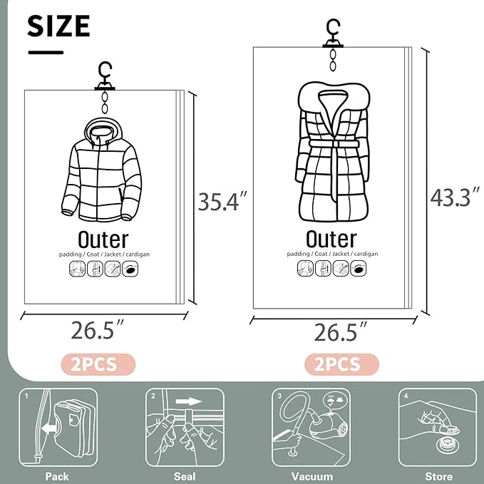 Meetall 4Pack Hanging Vacuum Storage Bag Reusable Space Saver Compressed Bag with Hangers.2pcs in 26.3x35.4inch(67x90cm) and 