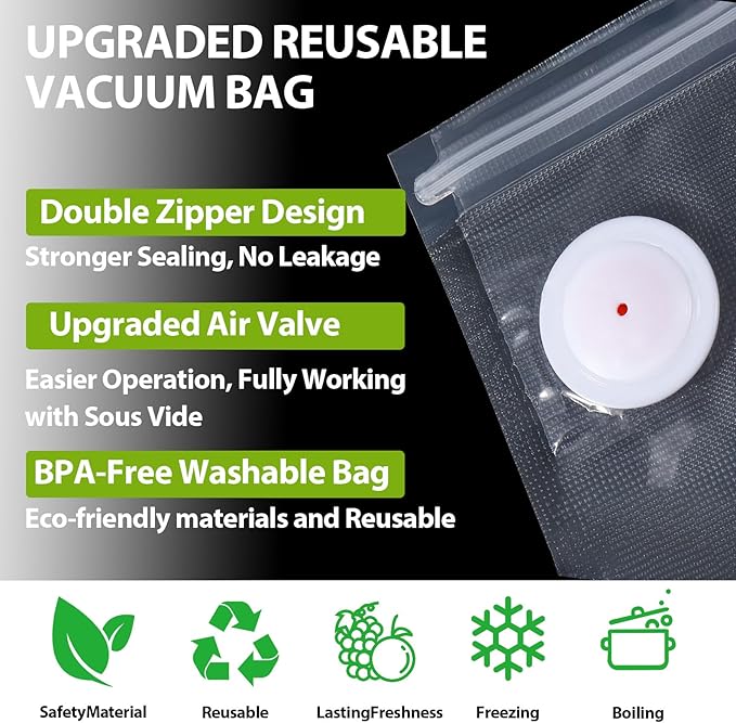 60PCS ATOSUN Vacuum Sealer Bags for Food, upgraded Air Valve, BPA -Free Vacuum Sealing Food Storage Bags, Reusable Sous Vide 