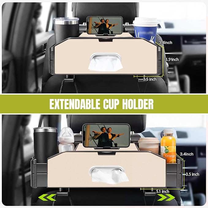5-in-1 Car Back Seat Organizer and Storage with Extendable Cup Holder, Tissue Holder, Phone Holder, Hanging Hooks, Trash Bin, Back of Seat Car Headrest Organization Accessories for Women Man