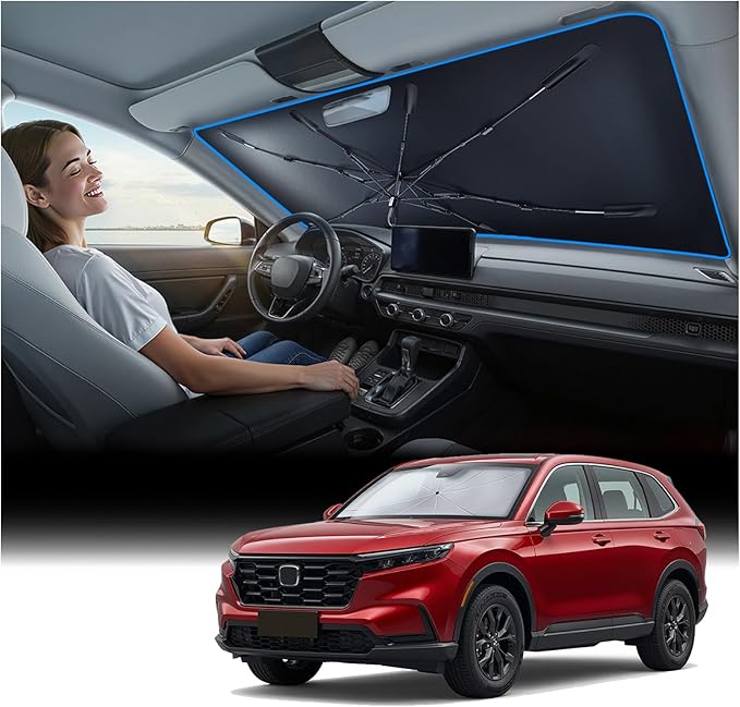 Windshield Sun Shade Umbrella for Honda CRV - [Vinyl Coating Heat Shield] Protect Car from Sun Rays & Heat Damage Keep Cool and Protect Interior, Spring Structure Edge