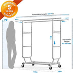 HOKEEPER Clothes Rack Heavy Duty Clothing Rack Load 650 LBS Collapsible Garment Rack with Wheels Double Rod Clothes Rack for 