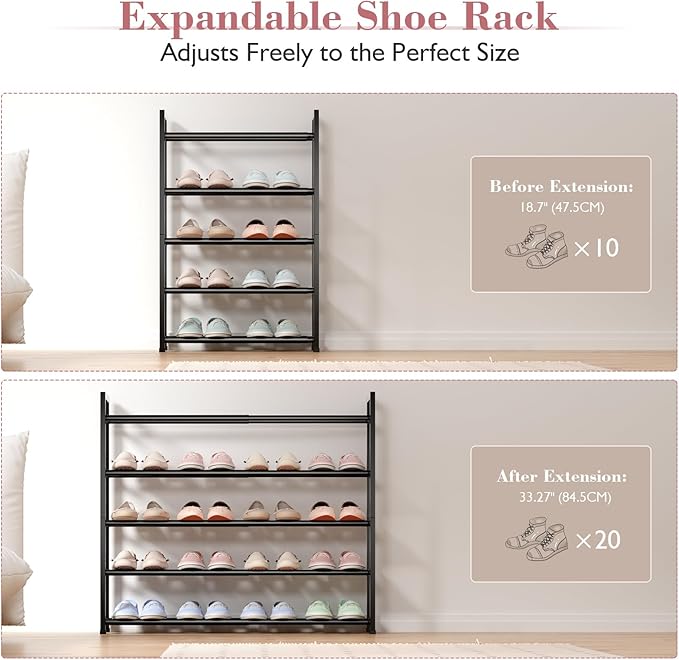 Bumusty 5-Tier Expandable Shoe Rack for Closet, 18“-33” Adjustable Shoe Rack for Small Space, Small Shoe Organizer for Front 
