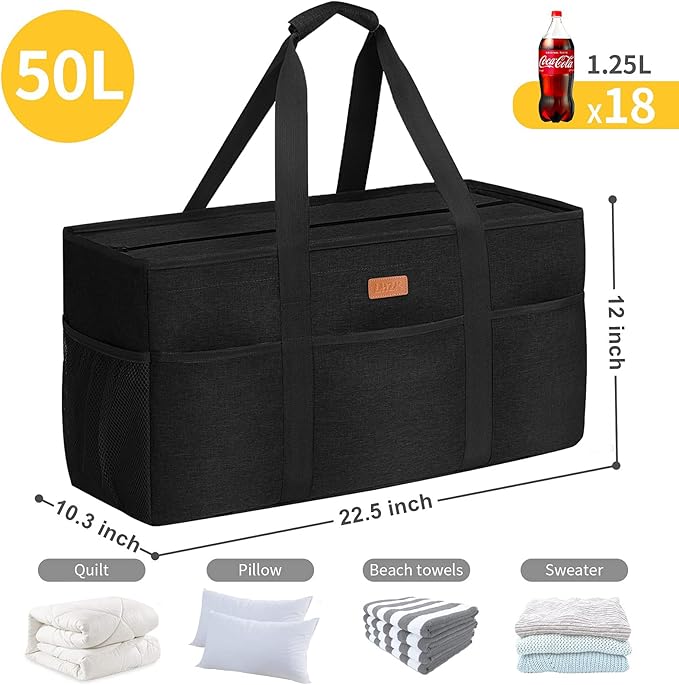 LHZK Stand Up Extra Large Utility Tote Bag with Lid, Utility Tote Bag with Metal Wire Frame and the Sides Rinforced, Reusable