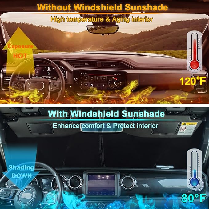 Premium Windshield Sun Shade for 2018-2026 Jeep Wrangler JL JLU & 2020-2026 Jeep Gladiator, Reflective 310T Material Front Window Sun Visor Blocks UV Rays Foldable Sunshade with Storage Pouch