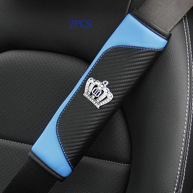 HYL World 2PCS Car Accessories Leather Car Seat Belt Cover Seat Belt Shoulder Pads with Bling Crystal Crown Decor,Blue