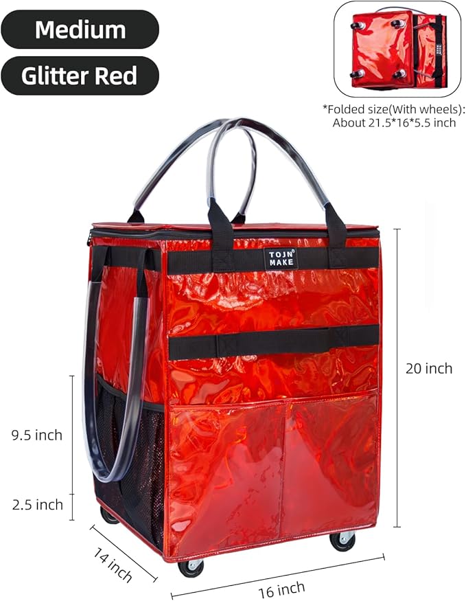 Reusable Grocery Bag On Wheels (Medium, Glitter Red), Shopping Trolley, Rolling Tote with 8 Pockets and Zipper Cover, Foldable, Heavy Duty Handles, Carries Up to 66 LBS