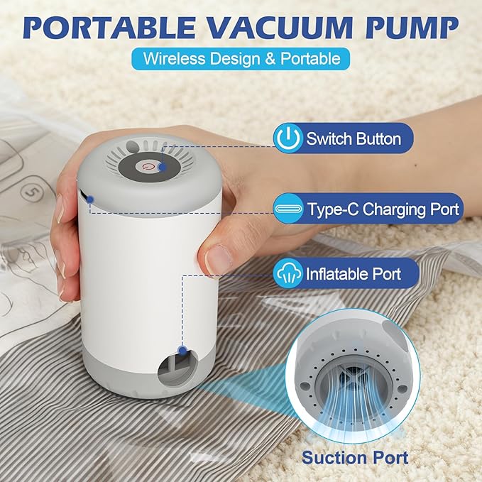 Fantictas Travel Vacuum Storage Bags with Rechargeable Air Pump, 15 Pack Portable Space Saver Bags, Compression Bags for Clot