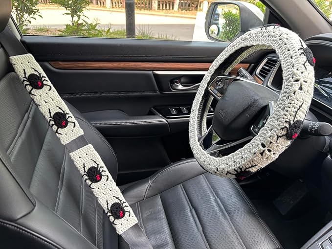 Crochet Spider Steering Wheel Cover Universal 14-15 inch (C,Wheel Cover+2 Belt Cover)