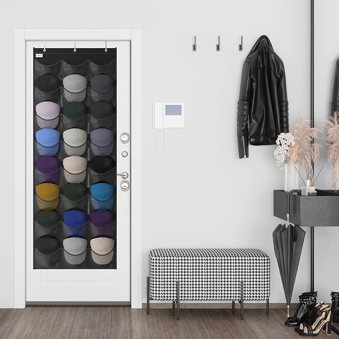 Unjumbly Baseball Hat Rack, 24 Pocket Over-The-Door Hat Organizer with Clear Deep Pockets to Display Baseball Caps Collection