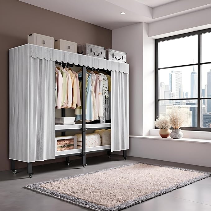 Heavy Duty Portable Wardrobe Closet, Metal Foldable Covered Clothes Rack, 1500LBS, Freestanding Closet System Rolling Garment