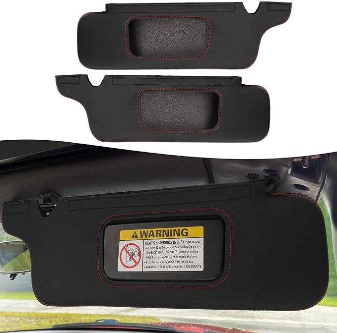 KBH Sun Visor Protector Cover for Ford Mustang 1994-2004, Vinyl Leather, Left & Right Side Sunvisors Cover, Anti-Scratch, Black-Red Stitch (Leather Covers Only)