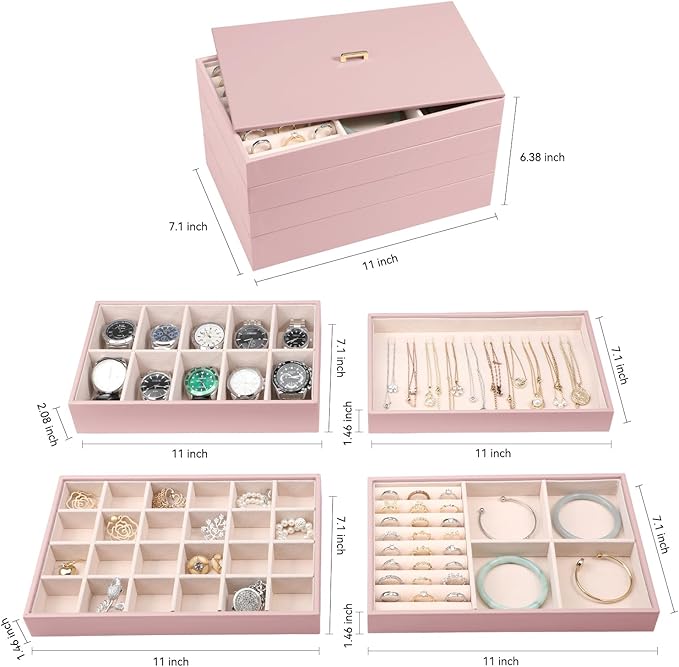 Voova Stackable Jewelry Organizer Tray with Lid, PU Leather Jewelry Storage Holder for Drawer Inserts, Jewellery Display Box 