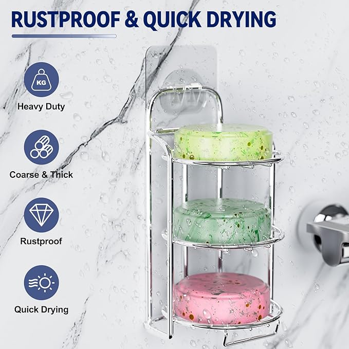 Silver 3-Tier Shower Soap Shampoo Bar Holder, Self Adhesive & Freestanding Draining Soap Dish Caddy for Bathroom Wall Accesor